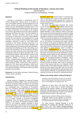 Critical Thinking at the Hands of Literature, Cinema and Video Cláudia Martins Instituto Politécnico De Bragança, Portugal