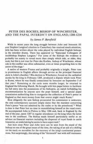 PETER DES ROCHES, BISHOP of WINCHESTER, and the PAPAL INTERDICT on ENGLAND, 1208-1214 by James P