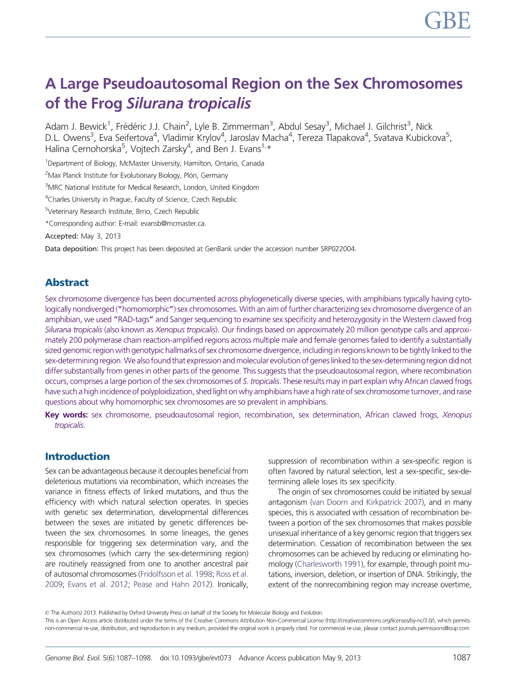 A Large Pseudoautosomal Region on the Sex Chromosomes of the Frog Silurana Tropicalis