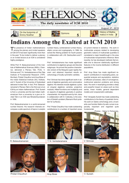 Indians Among the Exalted at ICM 2010 He Presence of Indian Mathematicians Number Theory, Combinatorial Number Theory, of Current Interest in Statistics