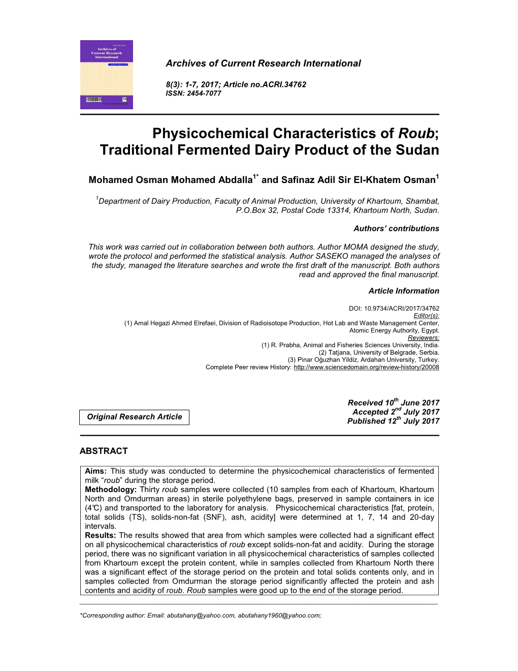 Physicochemical Characteristics of Roub ; Traditional Fermented Dairy Product of the Sudan