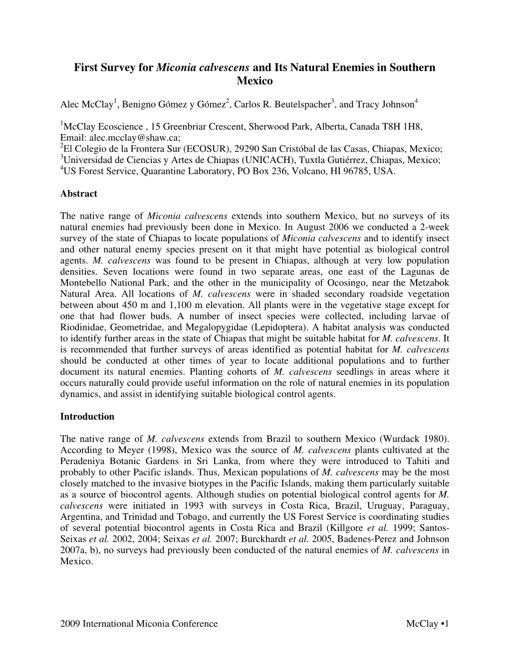 First Survey for Miconia Calvescens and Its Natural Enemies in Southern Mexico