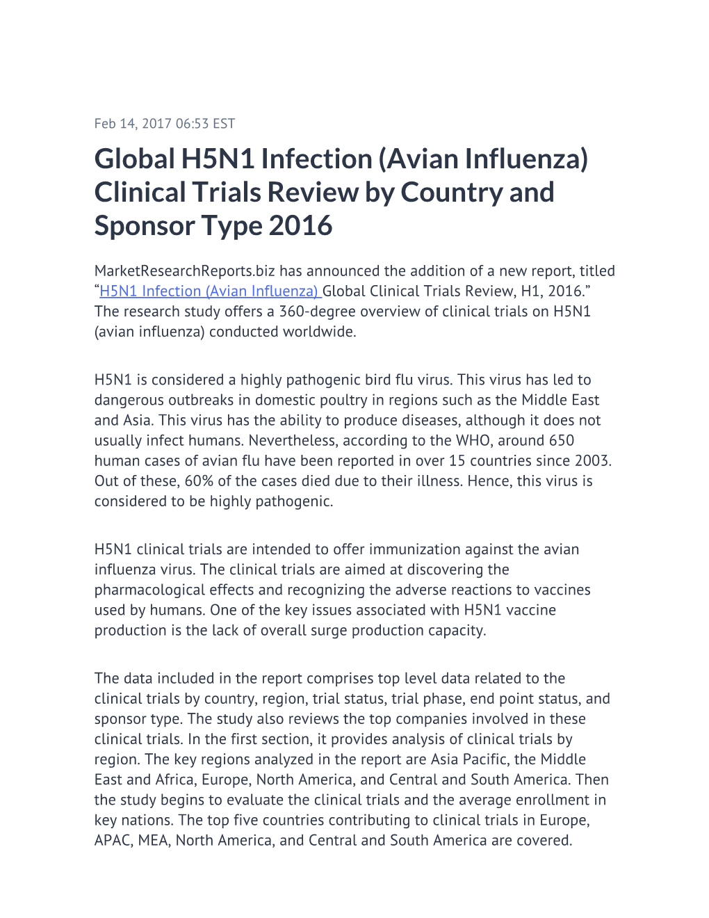 Global H5N1 Infection (Avian Influenza) Clinical Trials Review by Country and Sponsor Type 2016