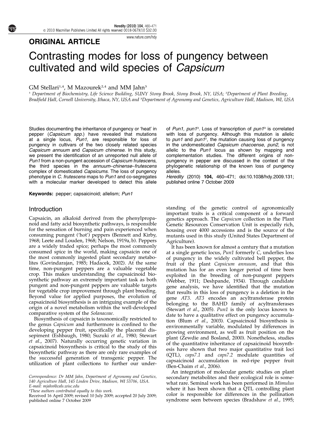 Contrasting Modes for Loss of Pungency Between Cultivated and Wild Species of Capsicum