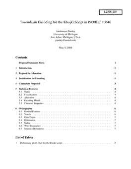 Towards an Encoding for the Khojki Script in ISO/IEC 10646