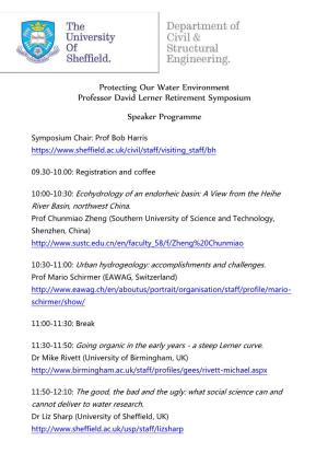 Protecting Our Water Environment Professor David Lerner Retirement Symposium