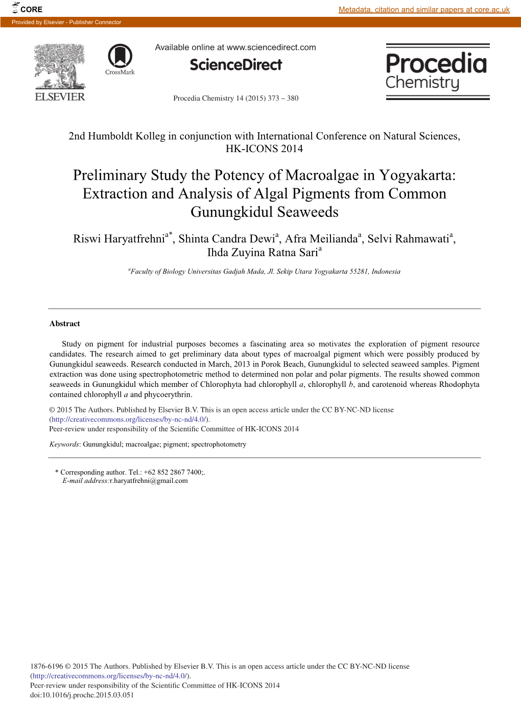Preliminary Study the Potency of Macroalgae in Yogyakarta: Extraction and Analysis of Algal Pigments from Common Gunungkidul Seaweeds