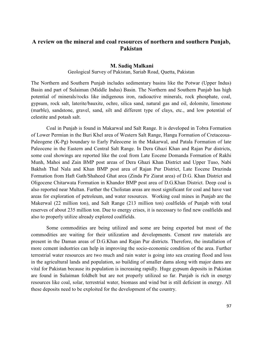 A Review on the Mineral and Coal Resources of Northern and Southern Punjab, Pakistan