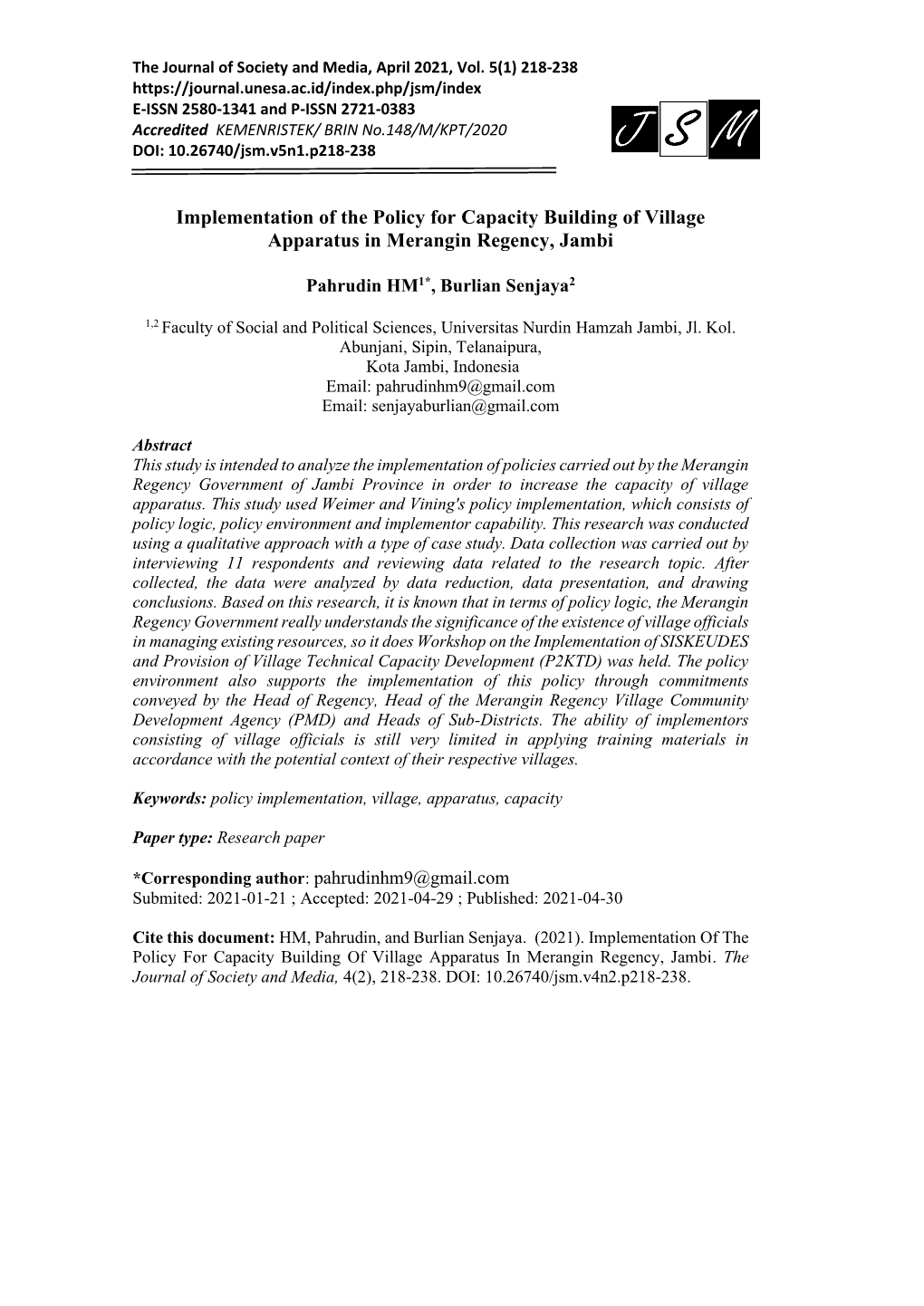 Implementation of the Policy for Capacity Building of Village Apparatus in Merangin Regency, Jambi