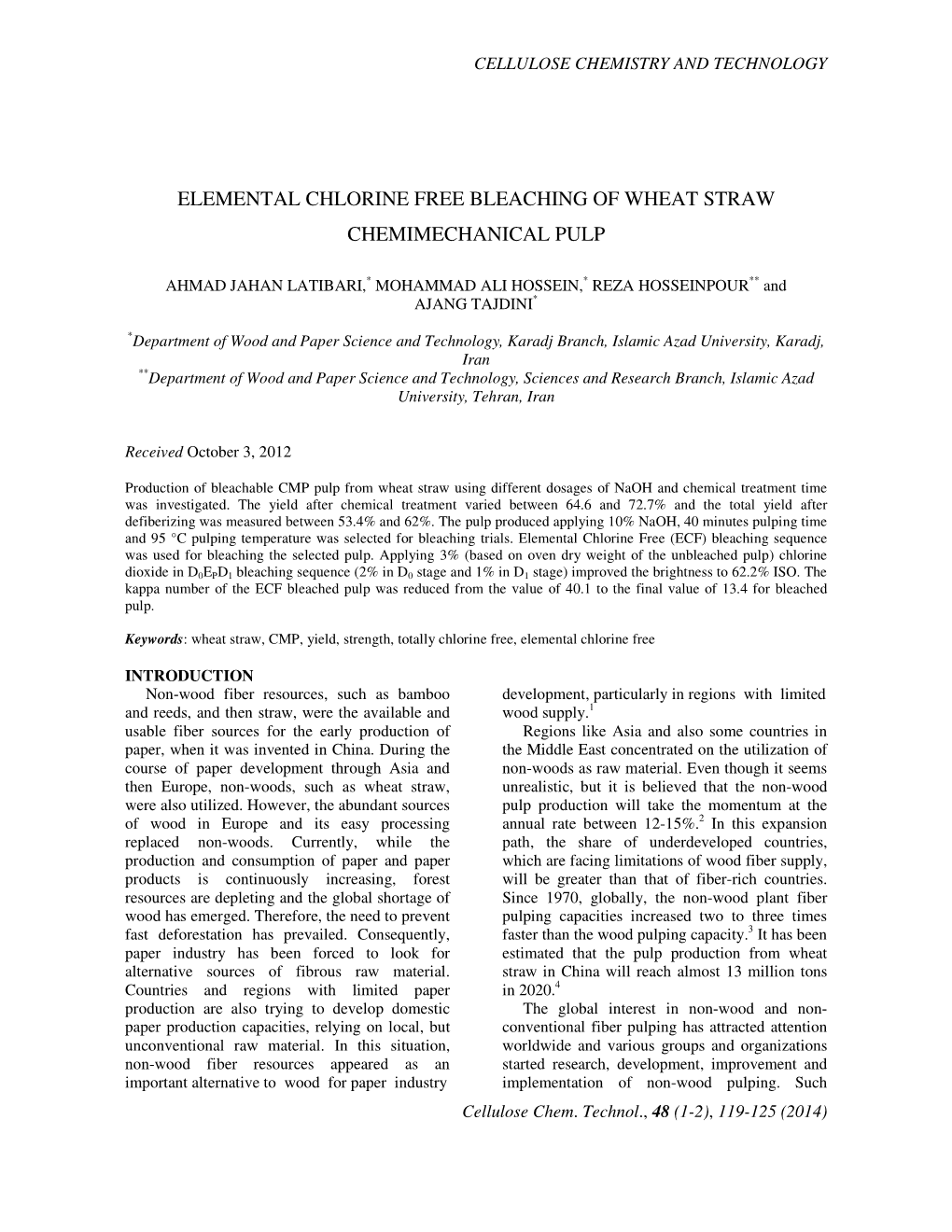 Elemental Chlorine Free Bleaching of Wheat Straw Chemimechanical Pulp