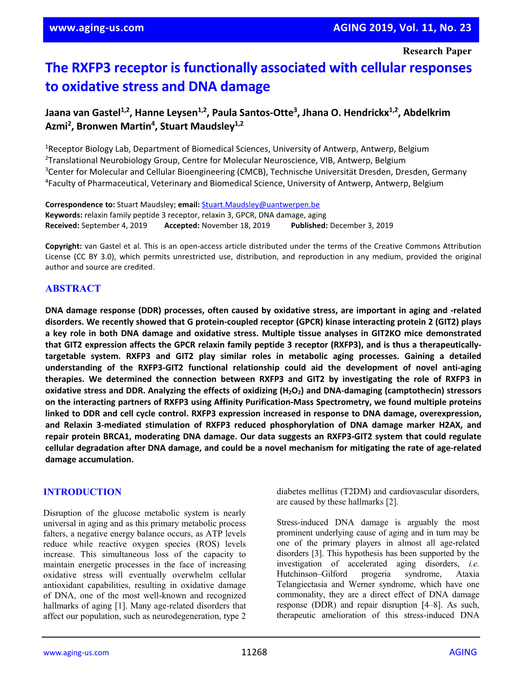 The RXFP3 Receptor Is Functionally Associated with Cellular Responses to Oxidative Stress and DNA Damage