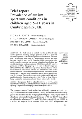 Brief Report Prevalence of Autism Spectrum Conditions in Children