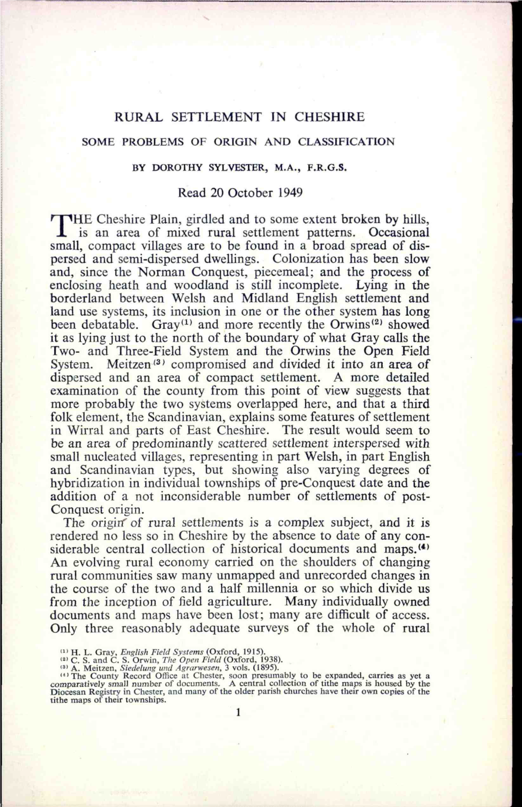 Rural Settlement in Cheshire Some Problems of Origin and Classification