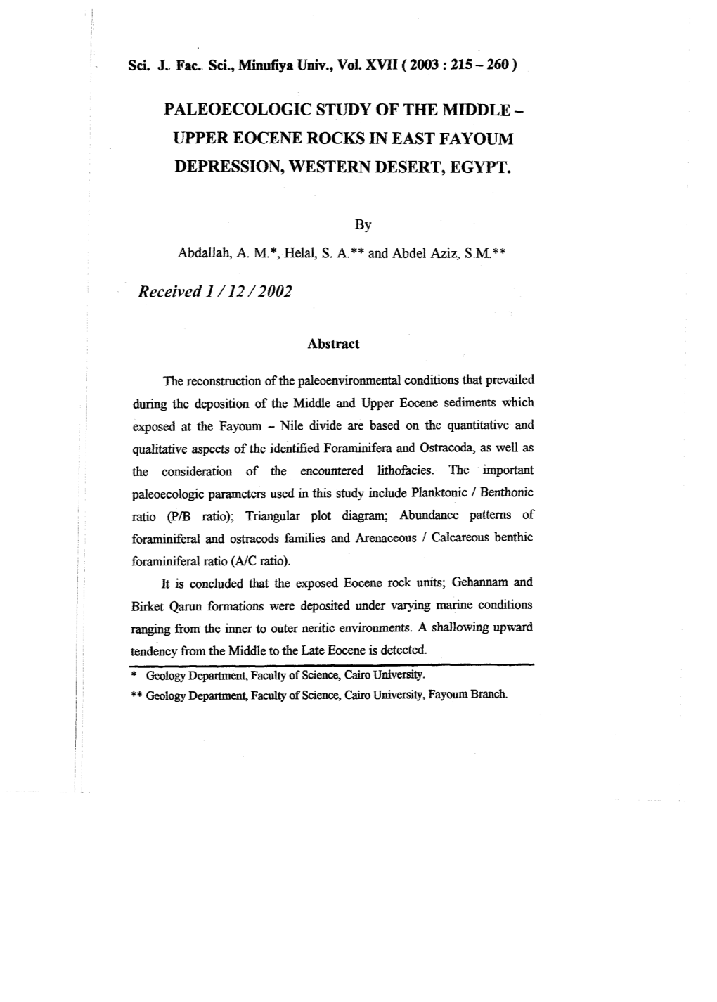 Paleoecologic Study of the Middle - Upper Eocene Rocks in East Fayoum Depression, Western Desert, Egypt