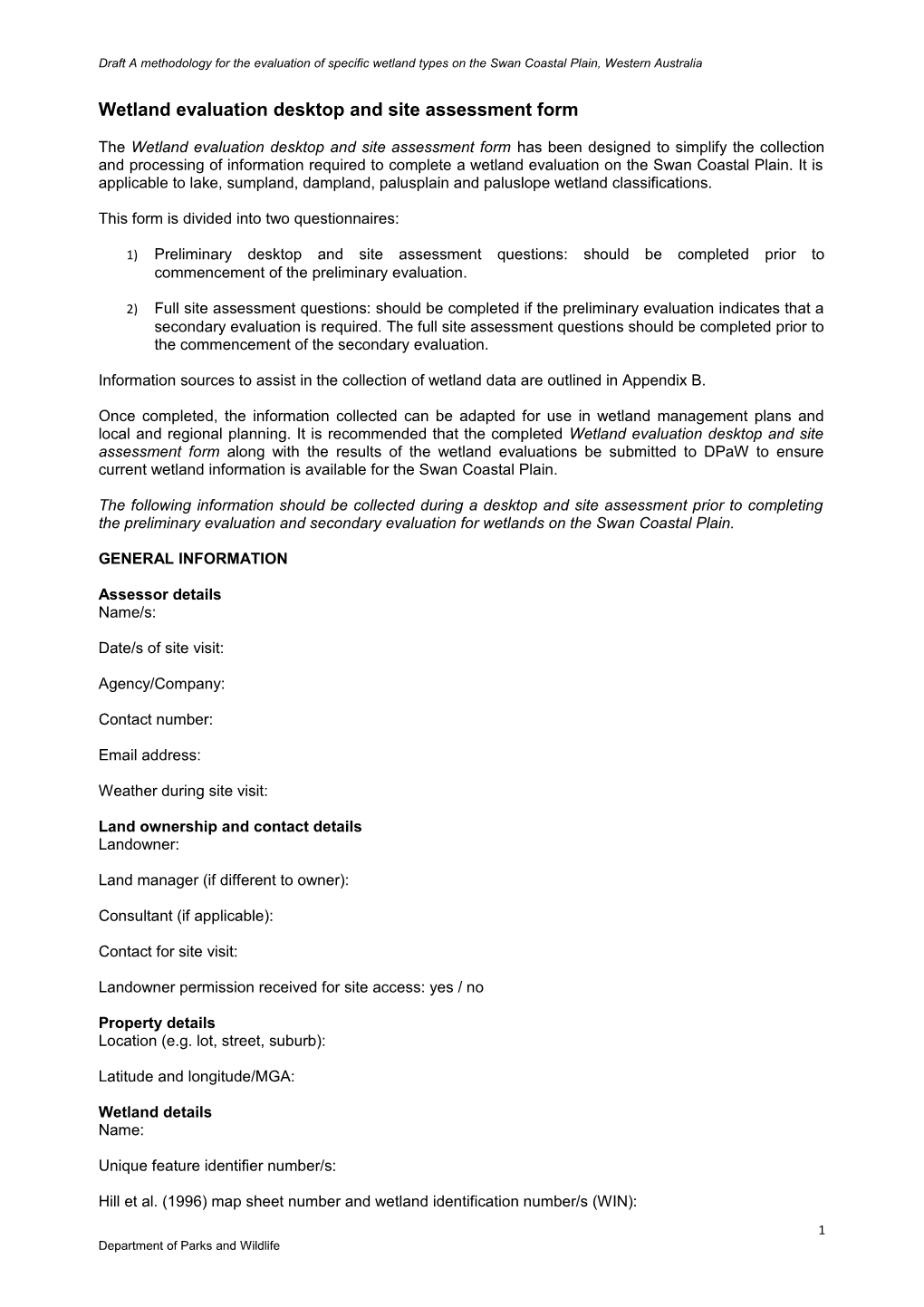 Wetland Evaluation Desktop and Site Assessment Form