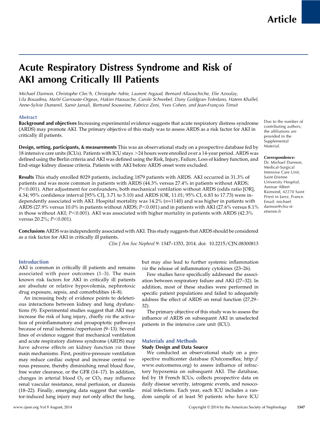 Article Acute Respiratory Distress Syndrome and Risk of AKI Among