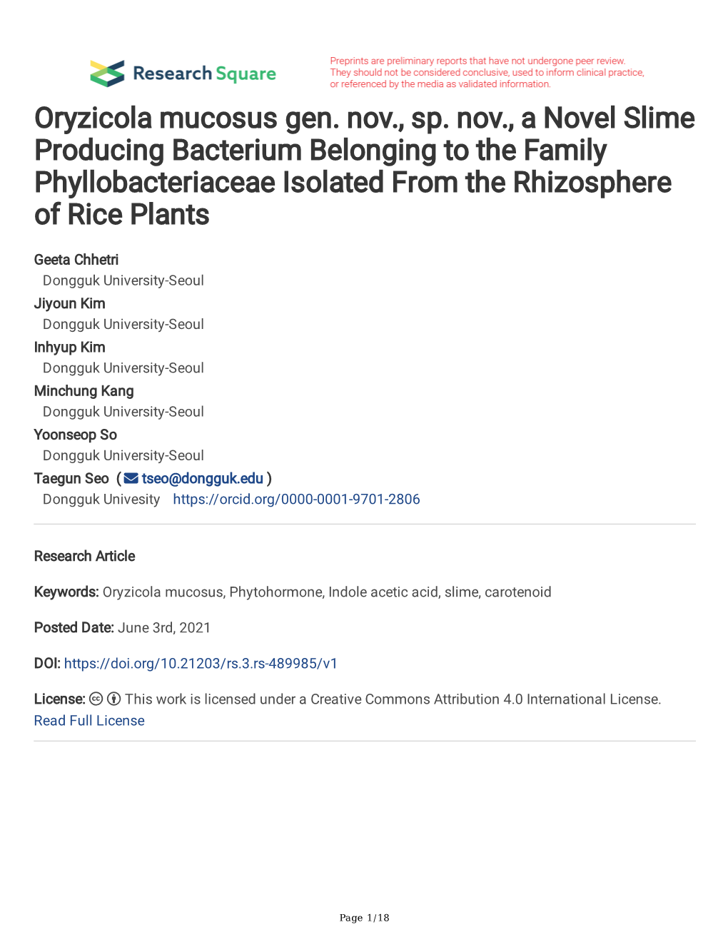 Oryzicola Mucosus Gen. Nov., Sp. Nov., a Novel Slime Producing Bacterium Belonging to the Family Phyllobacteriaceae Isolated from the Rhizosphere of Rice Plants