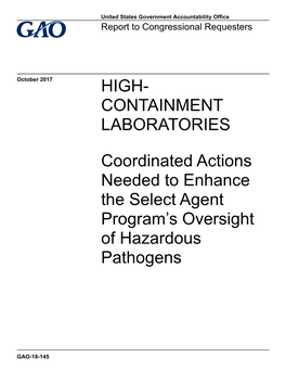 Gao-18-145, High-Containment Laboratories