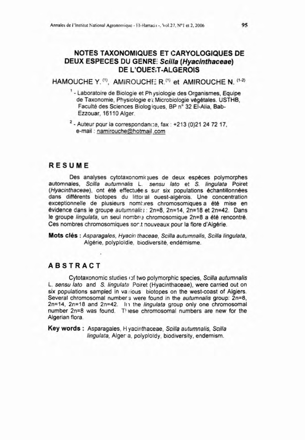 NOTES TAXONOMIQUES ET CARYOLOGIQUES DE DEUX ESPECES DU GENRE, Seilla (Hyaelnthaeeae) DE L'ouh;T·ALGEROIS HAMOUCHE Y