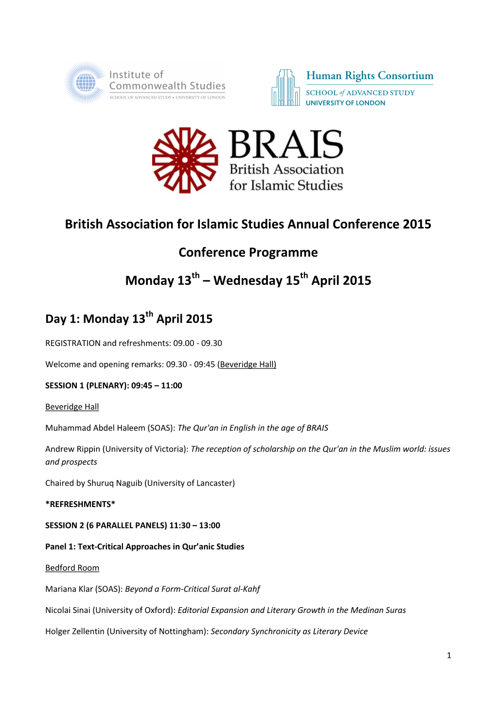 British Association for Islamic Studies Annual Conference 2015 Conference Programme Monday 13Th – Wednesday 15Th April 2015