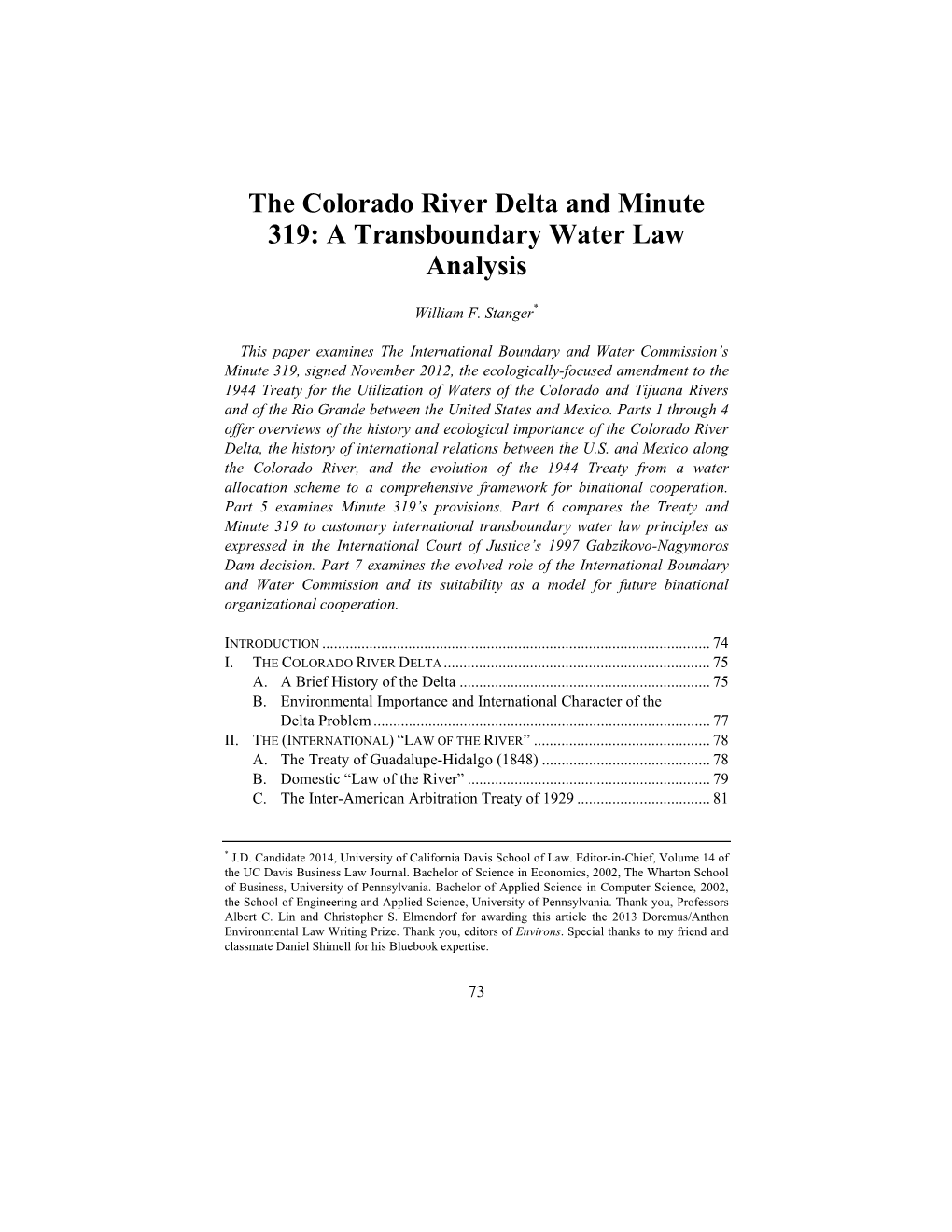 The Colorado River Delta and Minute 319: a Transboundary Water Law Analysis