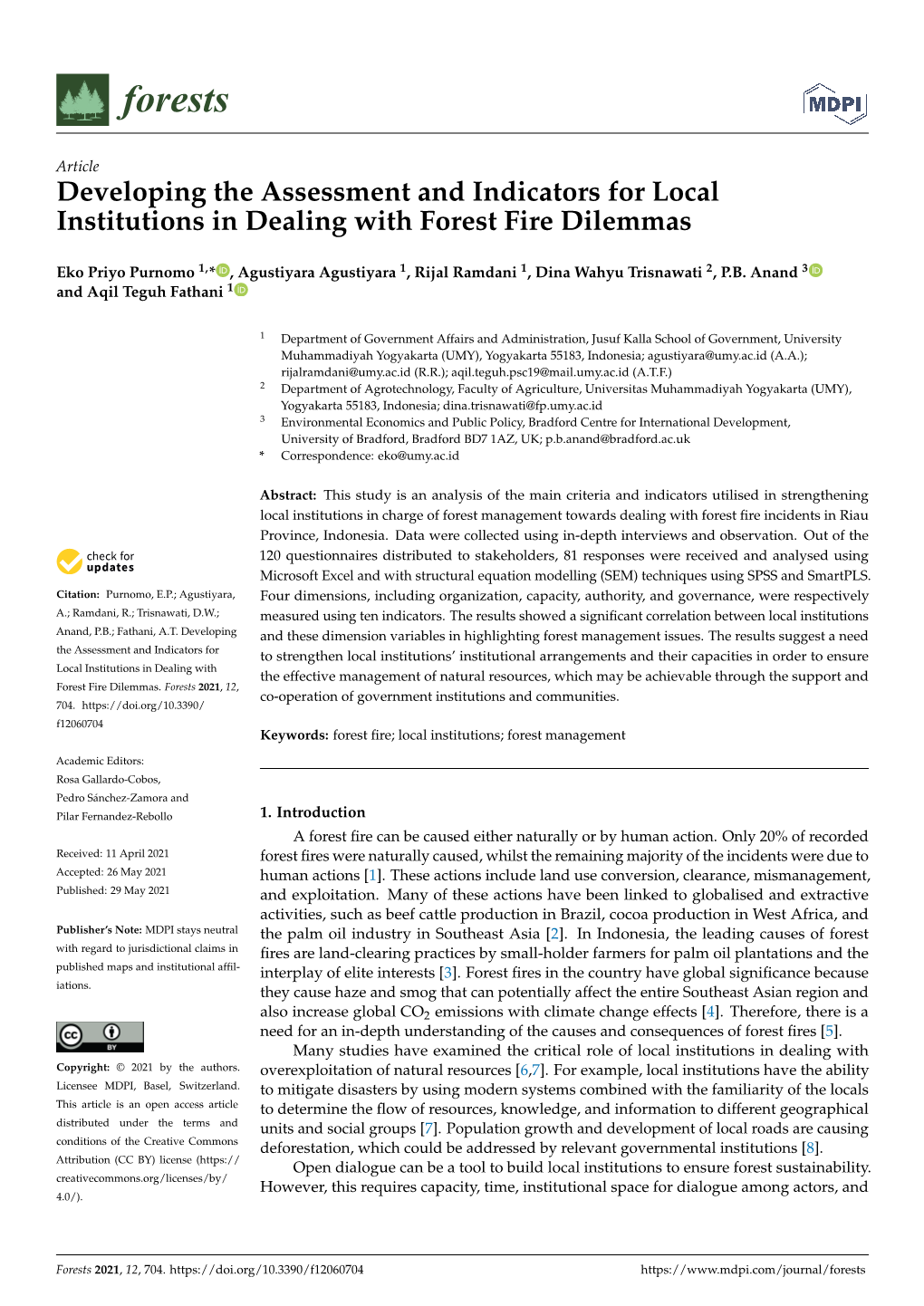 Developing the Assessment and Indicators for Local Institutions in Dealing with Forest Fire Dilemmas