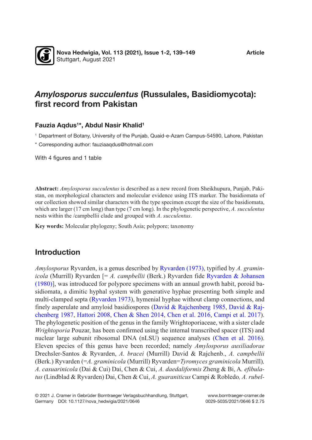 Amylosporus Succulentus (Russulales, Basidiomycota): First Record from Pakistan