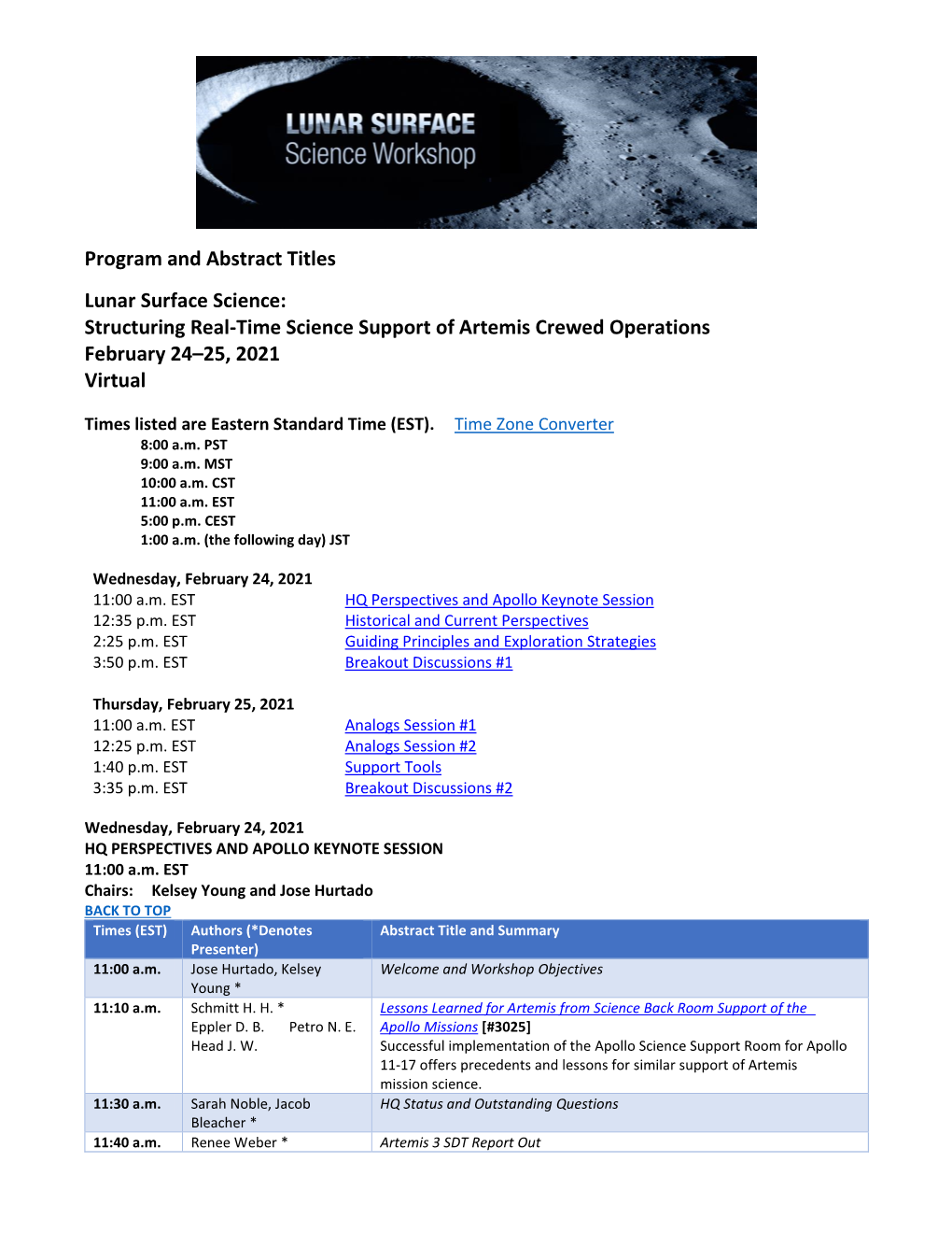 Program and Abstract Titles Lunar Surface Science: Structuring Real-Time Science Support of Artemis Crewed Operations February 2