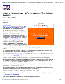 Letterman Regular Calvert Deforest, Aka Larry 'Bud' M…5 - Celebrity Gossip | Entertainment News | Arts and Entertainment 03/22/2007 05:51 PM