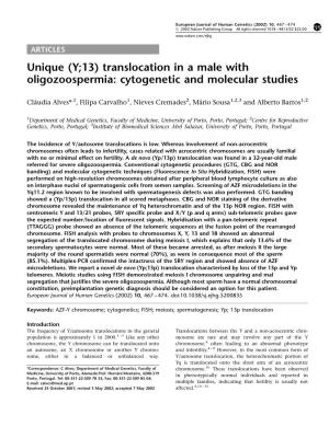 Unique (Y;13) Translocation in a Male with Oligozoospermia: Cytogenetic and Molecular Studies