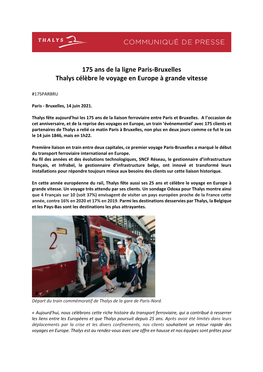 175 Ans De La Ligne Paris-Bruxelles Thalys Célèbre Le Voyage En Europe À Grande Vitesse