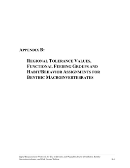 Regional Tolerance Values, Functional Feeding Groups and Habit/Behavior Assignments for Benthic Macroinvertebrates