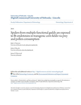 Spiders from Multiple Functional Guilds Are Exposed to Bt-Endotoxins in Transgenic Corn Fields Via Prey and Pollen Consumption Julie A