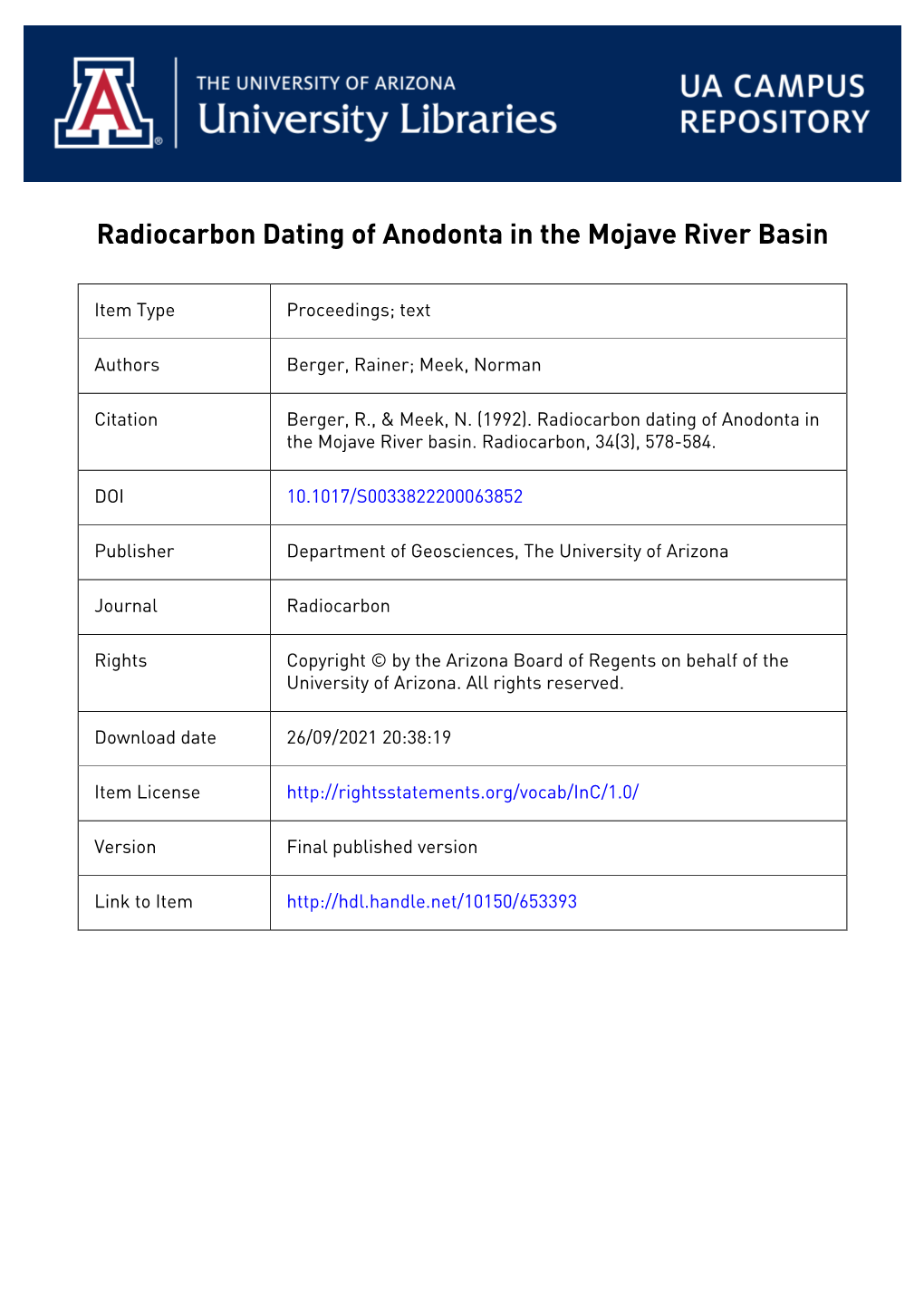 Radiocarbon Dating of Anodonta in the Mojave River Basin