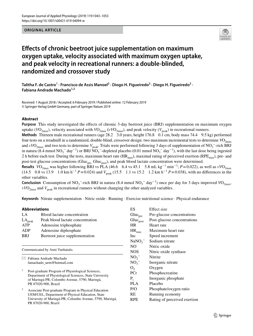Effects of Chronic Beetroot Juice Supplementation on Maximum Oxygen Uptake, Velocity Associated with Maximum Oxygen Uptake