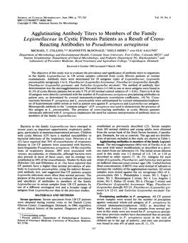 Agglutinating Antibody Titers to Members of the Family Reacting Antibodies to Pseudomonas Aeruginosa