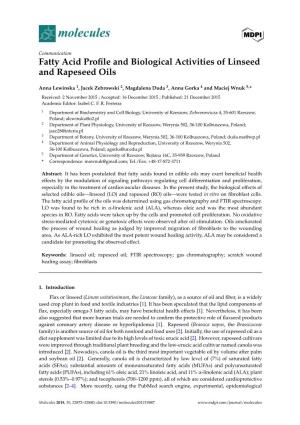 Fatty Acid Profile and Biological Activities of Linseed and Rapeseed