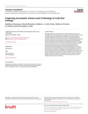 Exploring Greenland: Science and Technology in Cold War Settings Matthias Heymann, Henrik Knudsen, Maiken L