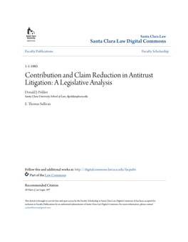 Contribution and Claim Reduction in Antitrust Litigation: a Legislative Analysis Donald J