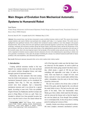 Stages of Evolution from Mechanical Automatic Systems to Humanoid Robot