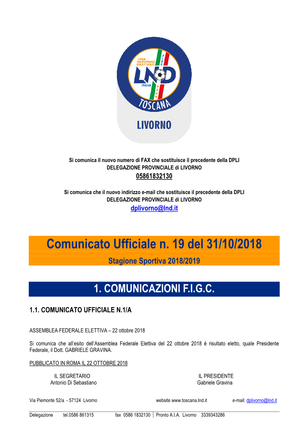 Comunicato Ufficiale N. 19 Del 31/10/2018