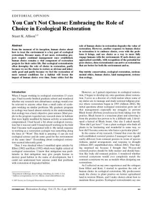Embracing the Role of Choice in Ecological Restoration Stuart K