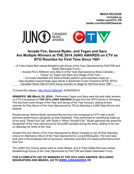 Arcade Fire, Serena Ryder, and Tegan and Sara Are Multiple Winners at the 2014 JUNO AWARDS on CTV As BTO Reunites for First Time Since 1991
