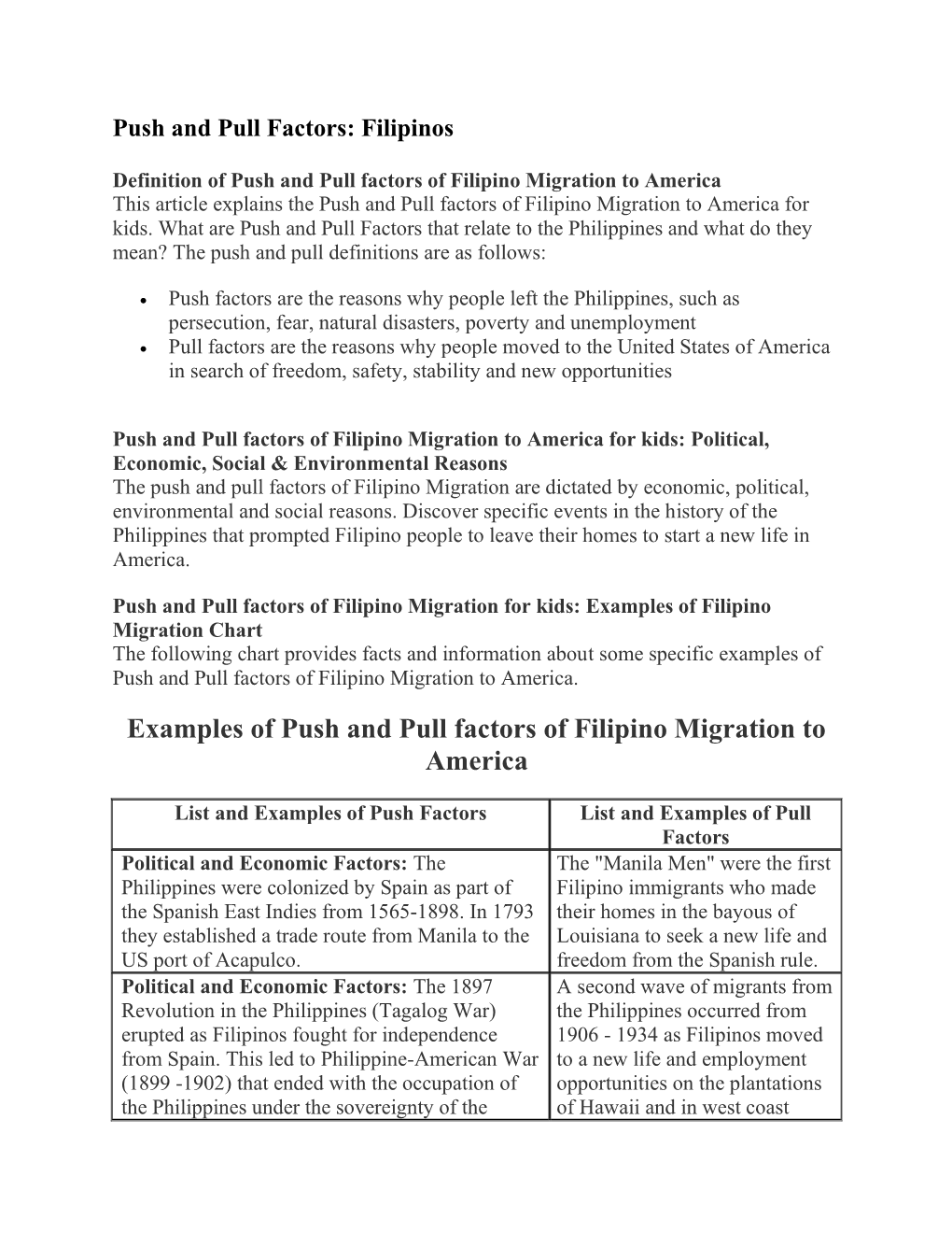 Examples of Push and Pull Factors of Filipino Migration to America