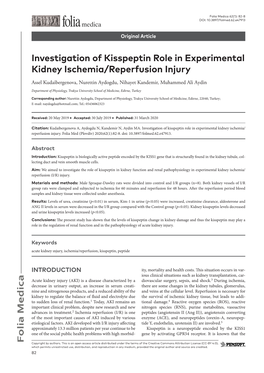 Investigation of Kisspeptin Role in Experimental Kidney Ischemia/Reperfusion Injury