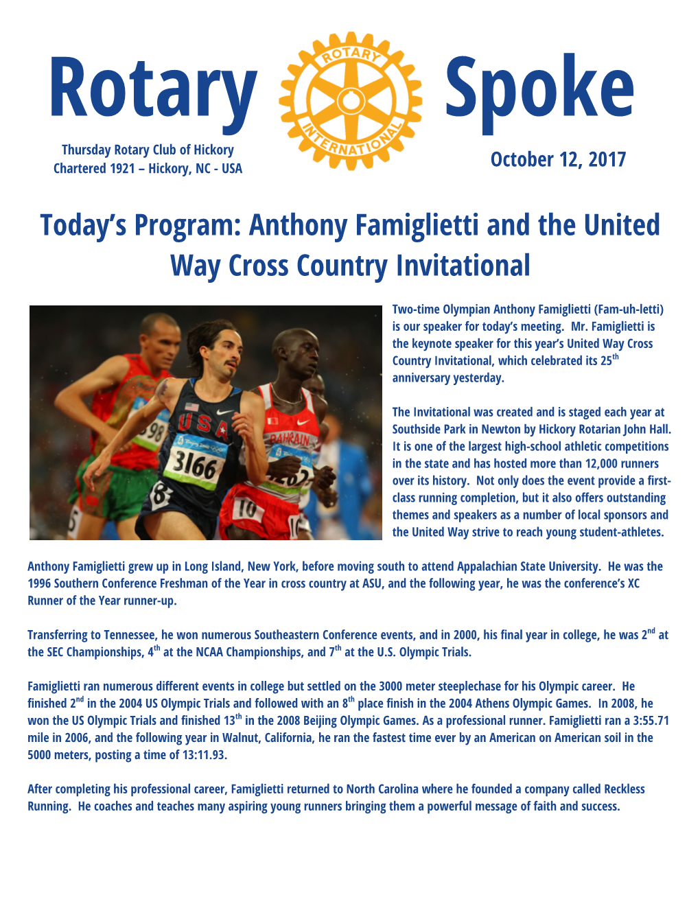 Today's Program: Anthony Famiglietti and the United Way Cross Country