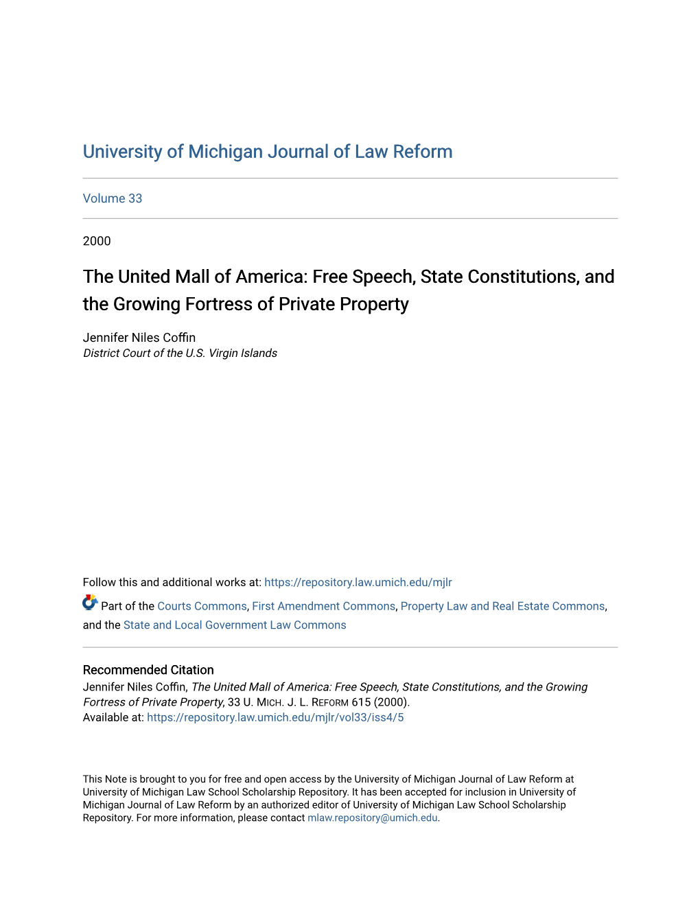 The United Mall of America: Free Speech, State Constitutions, and the Growing Fortress of Private Property