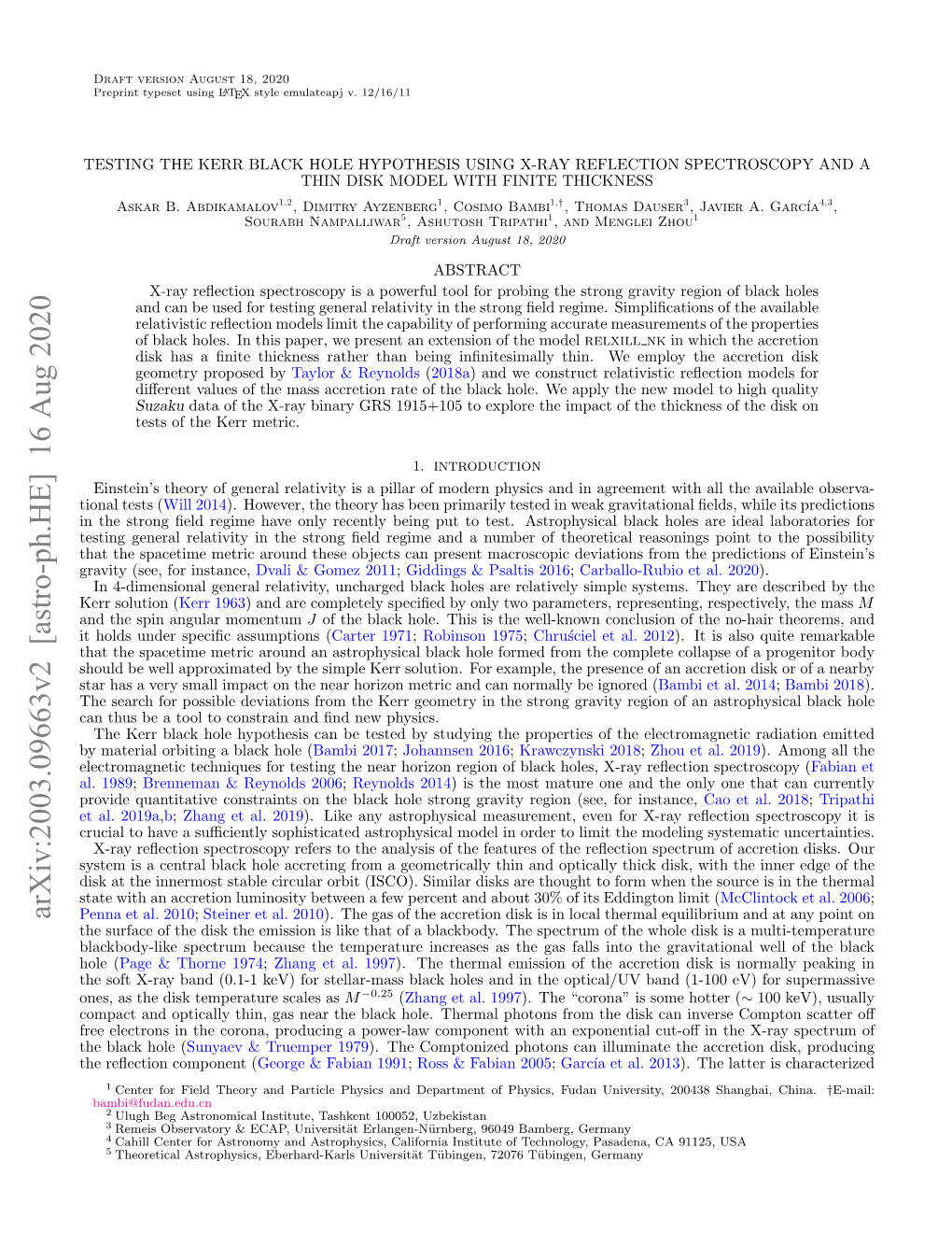 TESTING the KERR BLACK HOLE HYPOTHESIS USING X-RAY REFLECTION SPECTROSCOPY and a THIN DISK MODEL with FINITE THICKNESS Askar B