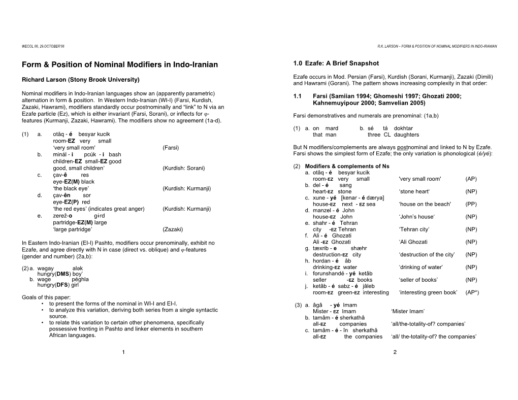 Form & Position of Nominal Modifiers in Indo-Iranian