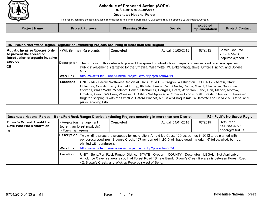 Schedule of Proposed Action (SOPA) 07/01/2015 to 09/30/2015 Deschutes National Forest This Report Contains the Best Available Information at the Time of Publication